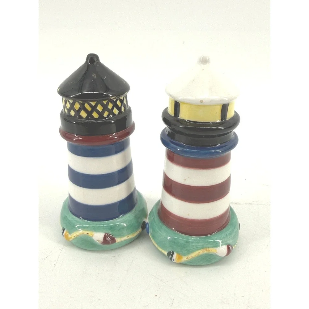 Lighthouse Salt and Pepper Shakers Nautical Multicolor Ceramic Set Coastal